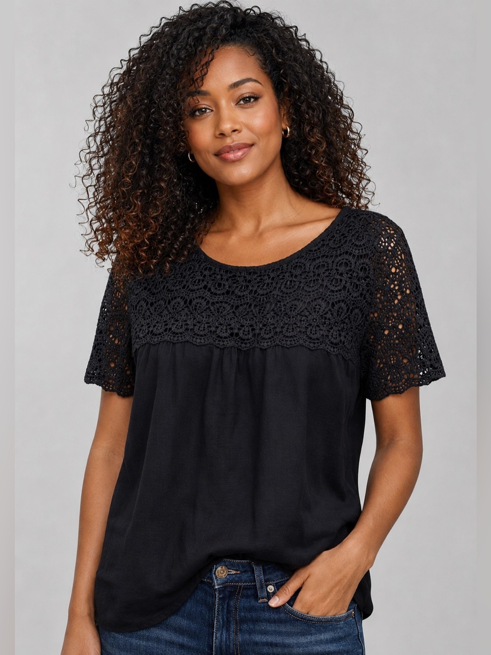 J.Crew Black Linen Lace Crochet Blouse Women’s Size 6 Short Sleeve Boho